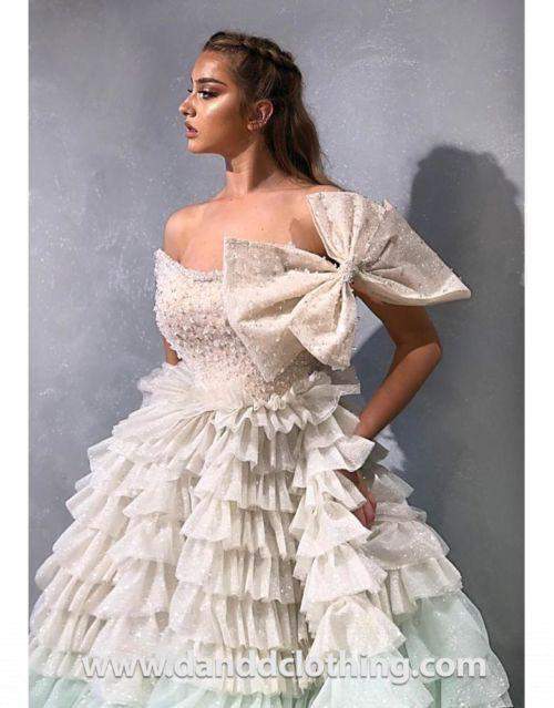 Luxury Evening Gown Light Blue and White Ruffled XXL
