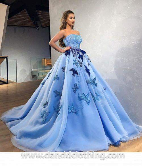Luxury Evening Gown Princess Blue with Birds-Blue,Classic Elegant Gowns,Evening Dresses,Long