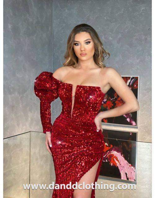 Luxury Evening Dress Maroon Shiny  D&D Clothing