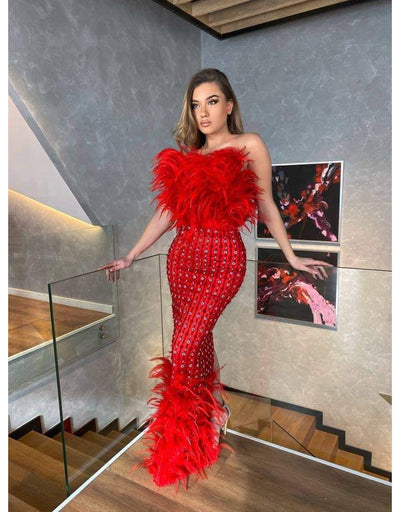 Luxury Evening Dress Red Fur-Classic Elegant Gowns,Evening Dresses,Long,Red