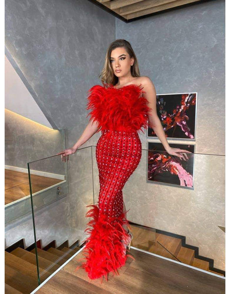 red dress with fur Miss Circle Pluma Maroon Halter Faux-Fur Trimmed Midi Dress XS