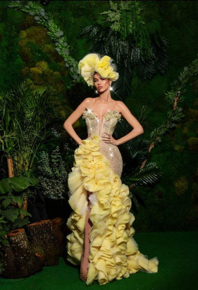 Luxury Evening Dress Yellow with Headgear-Classic Elegant Gowns,Evening Dresses,Long,Yellow