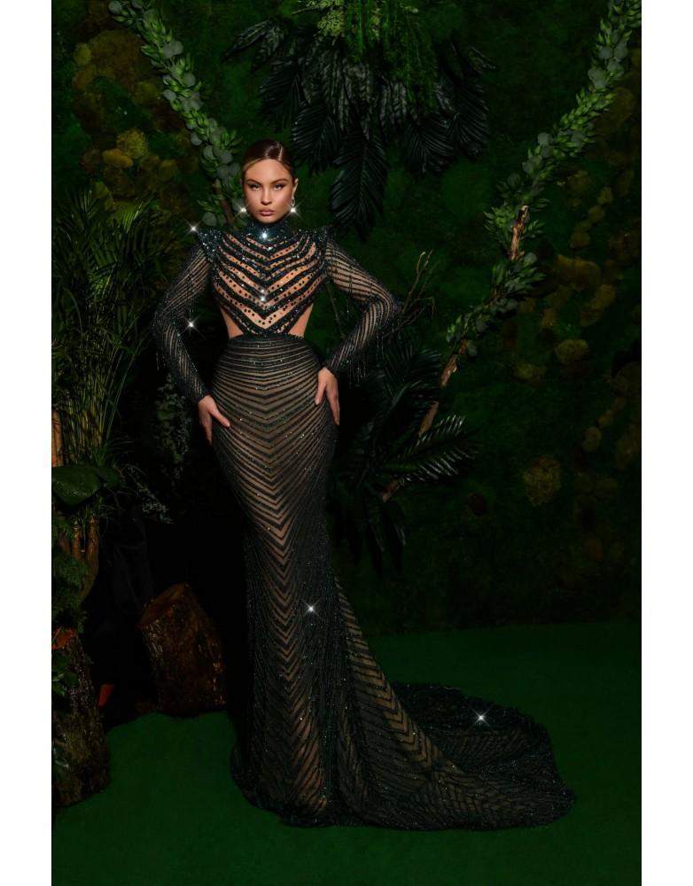 Luxury Evening Gown Black Pattern Cut-Classic Elegant Gowns,Evening Dresses,Green,Long