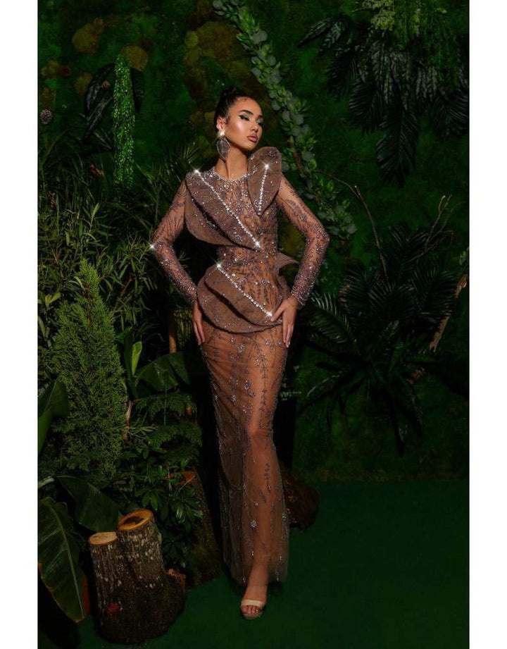 Luxury Evening Dress Dark Brown S / Brown / Lace