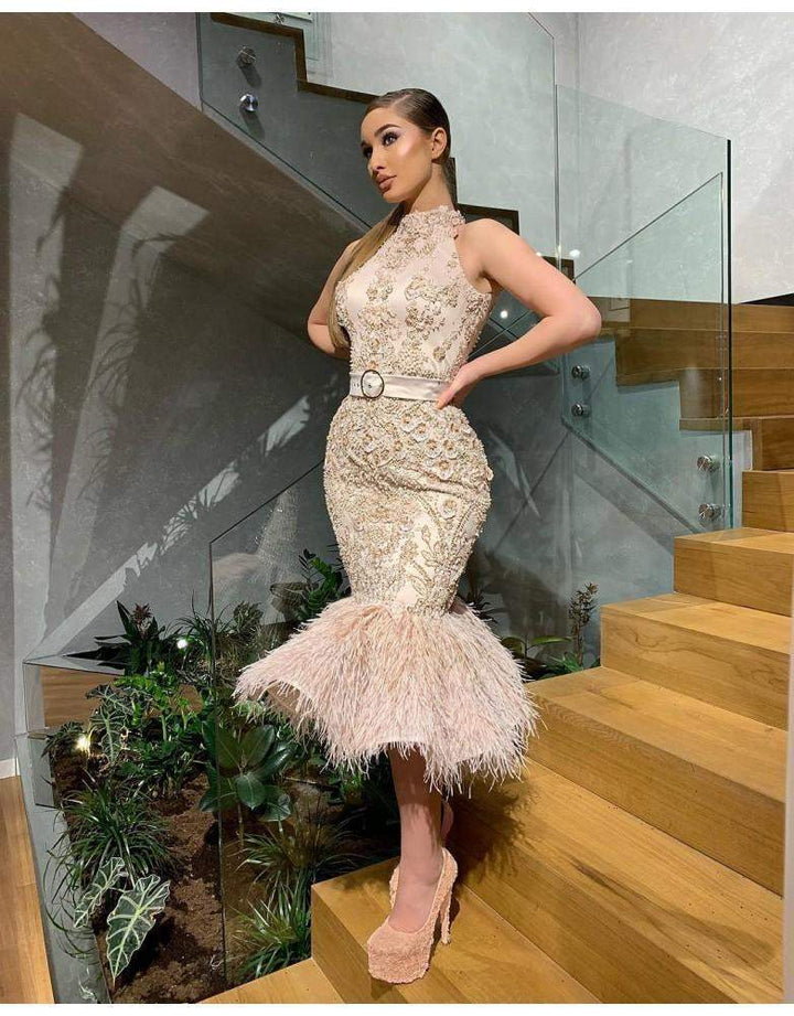 Gold Evening Gown With Belt Mermaid L / Peach / Lace