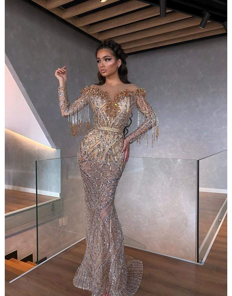 Luxury Evening Gown Gold Pattern-Classic Elegant Gowns,Evening Dresses,Gold,Long