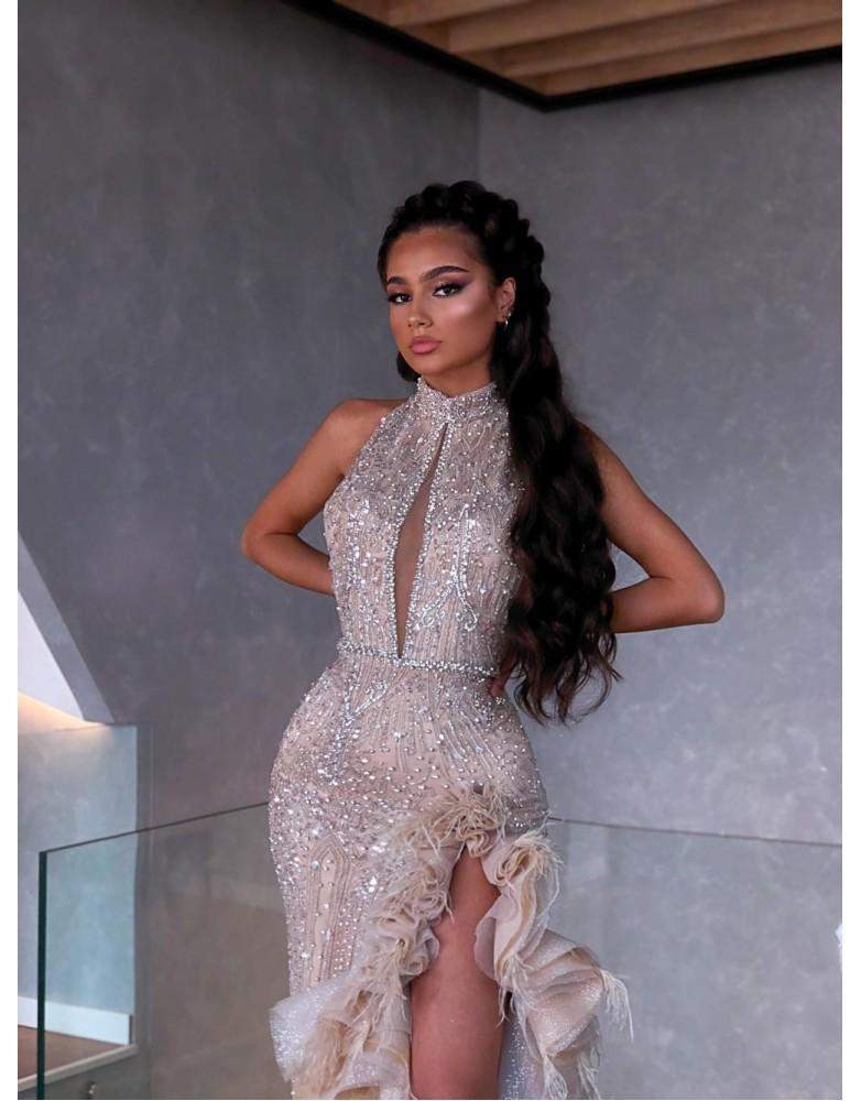Luxury Evening Gown Silver Ruffled M Luxury Evening Gown Silver Ruffled M