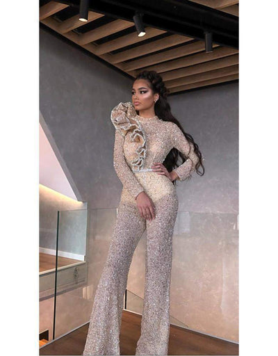 Luxury Evening Silver Jumpsuit-Classic Elegant Gowns,Evening Dresses,Long