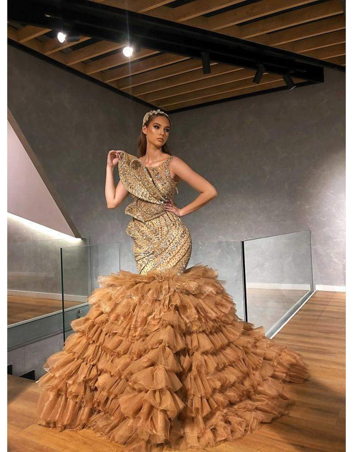 Luxury Evening Gown Golden Brown L Luxury Evening Gown Golden Brown L
