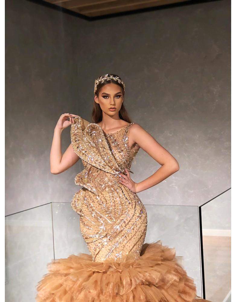 Luxury Evening Gown Golden Brown L Luxury Evening Gown Golden Brown L
