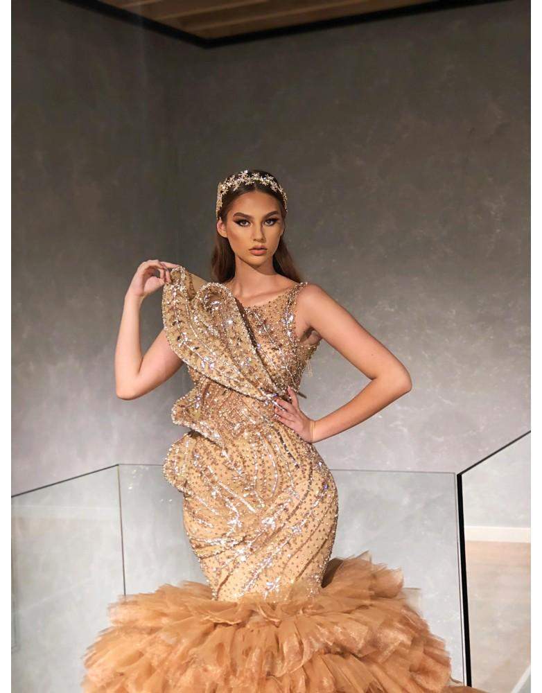 Luxury Evening Gown Golden Brown-Classic Elegant Gowns,Evening Dresses,Gold,Long