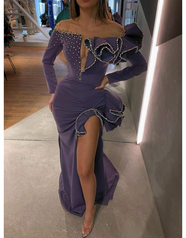 Luxury Evening Gown Purple Off Shoulder-Classic Elegant Gowns,Evening Dresses,Long,purple