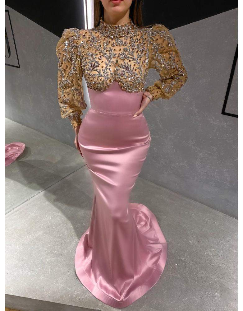 Luxury Evening Dress Pink and Gold-Classic Elegant Gowns,Evening Dresses,Long,Pink