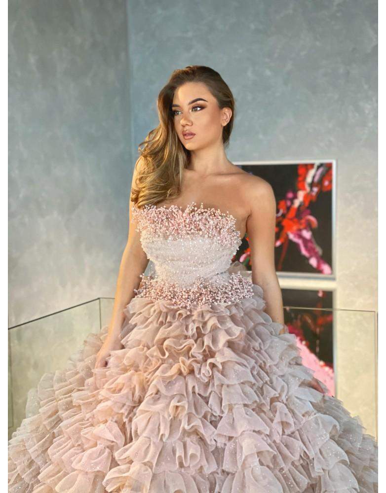 Luxury Evening Dress Pink and Gold-Classic Elegant Gowns,Evening Dresses,Long,White