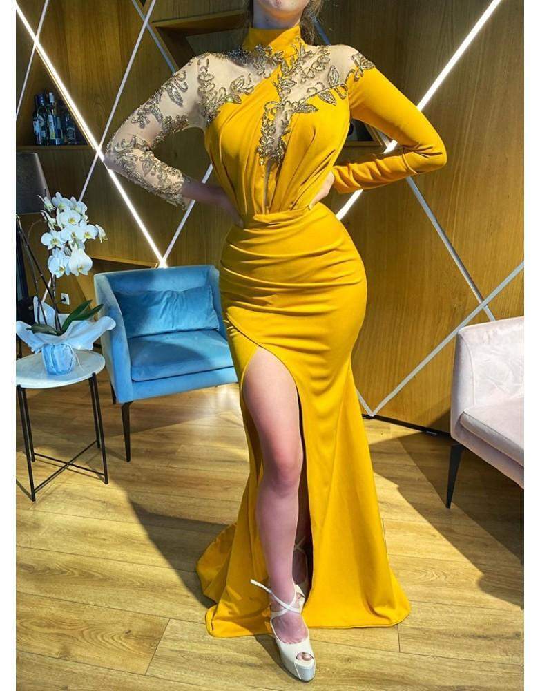 Luxury Evening Gown Mustard Color-Classic Elegant Gowns,Evening Dresses,Long,Yellow