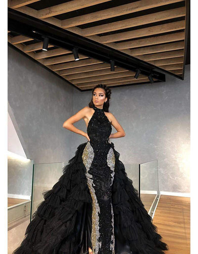 Luxury Evening Gown Black Sleeveless Ruffles-Black,Classic Elegant Gowns,Evening Dresses,Long