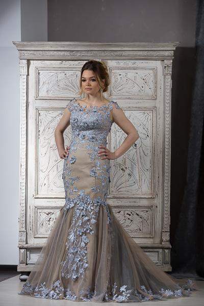 Luxury Evening Gown With Blue Flowers-Classic Elegant Gowns,Evening Dresses,Long