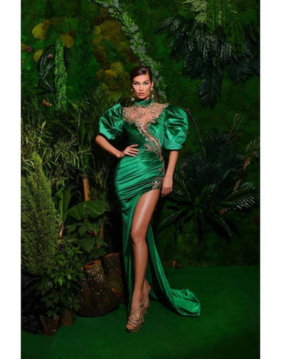 Green Silk Evening Gown With Stones-Classic Elegant Gowns,Evening Dresses,Green,Long