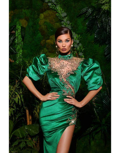 Green Silk Evening Gown With Stones-Classic Elegant Gowns,Evening Dresses,Green,Long