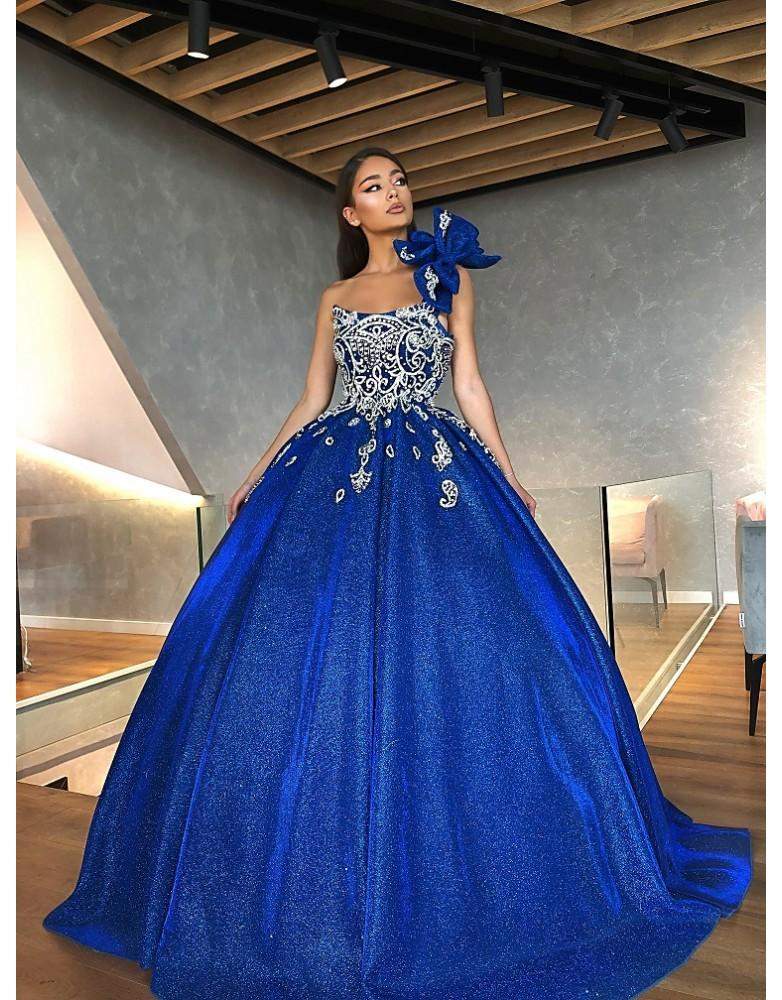 Luxury Royal Blue Evening Gown with Bow-danddclothing-Blue,Classic Elegant Gowns,Evening Dresses,Long