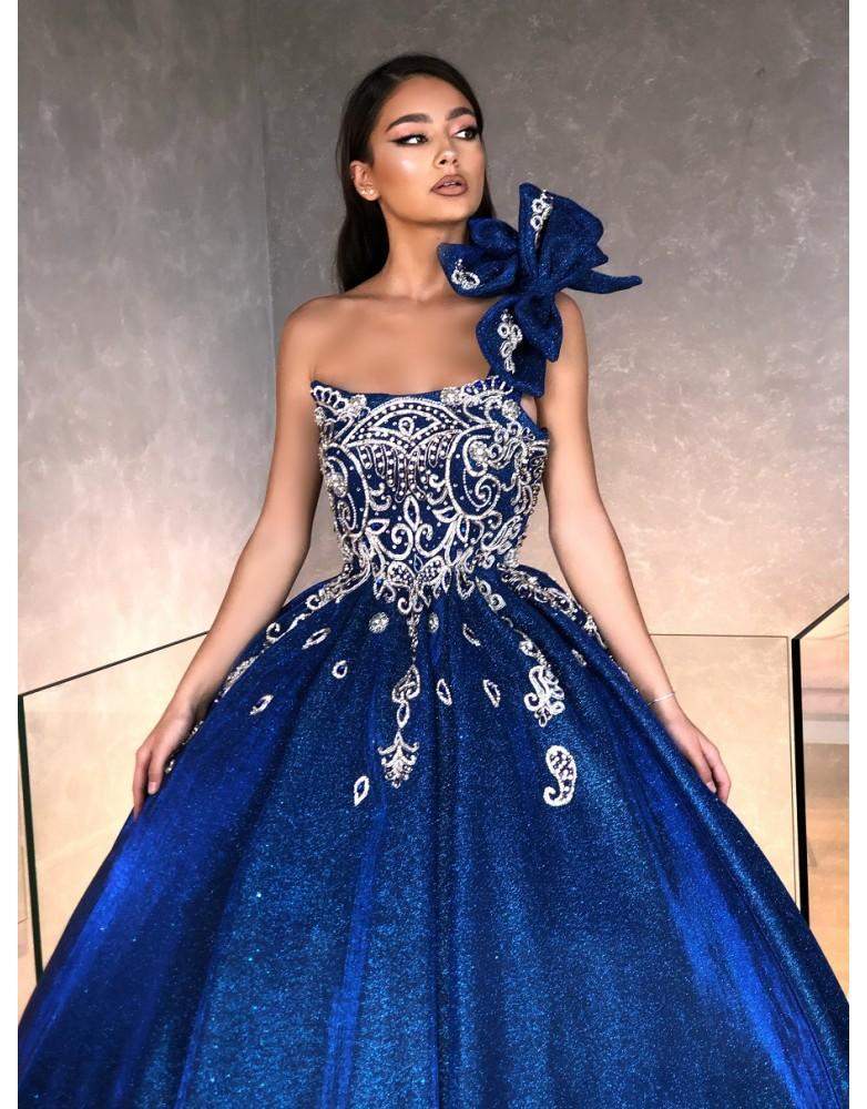 Luxury Royal Blue Evening Gown with Bow-Blue,Classic Elegant Gowns,Evening Dresses,Long