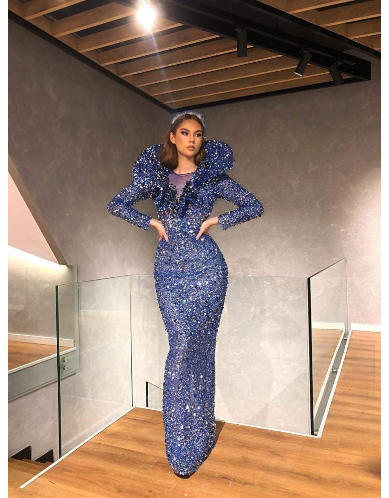Luxury Blue Beaded Shiny Evening Gown L / Blue / Lace