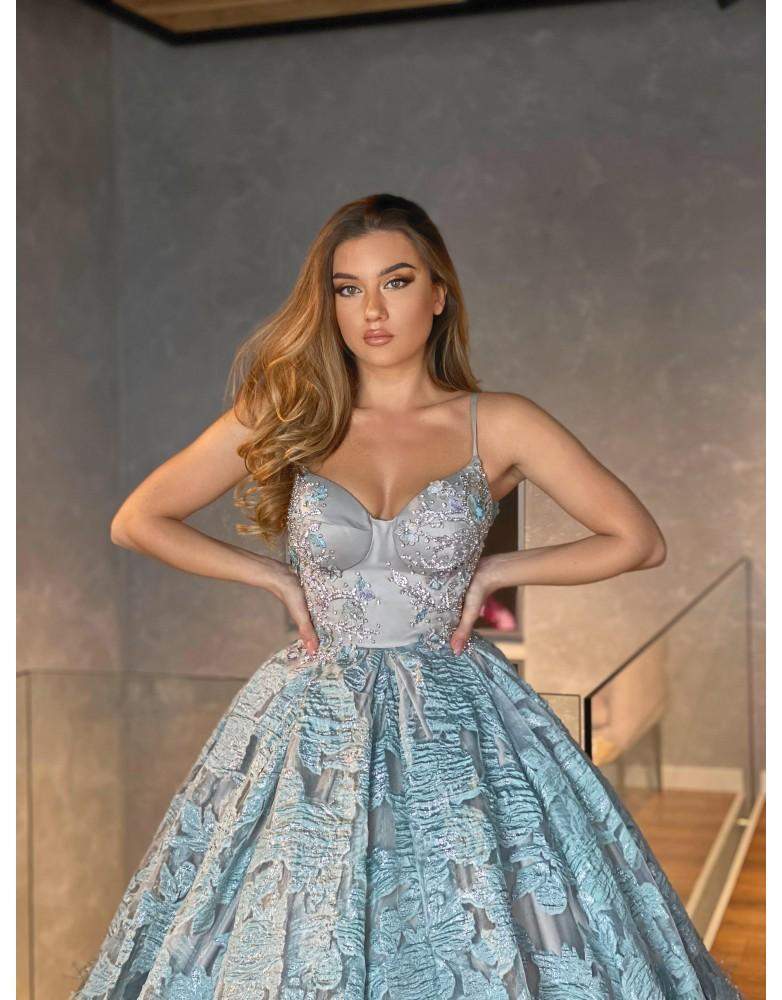Luxury Evening Gown White and Blue Shiny XXXL / Blue / Lace