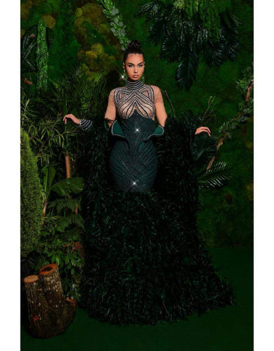 Luxury Dark Green Evening Gown with Feathers-Classic Elegant Gowns,Dark Green,Evening Dresses,Long