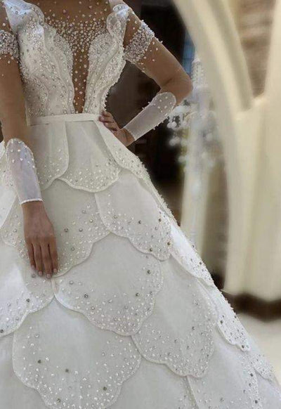 Shiny Wedding Gown With Stones-Ball Gown,Classic Elegant Gowns,Royal Wedding Dresses,White