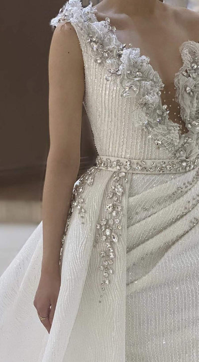 Wedding Dress With Swarovski Stones-Classic Elegant Gowns,Detachable,Royal Wedding Dresses,White