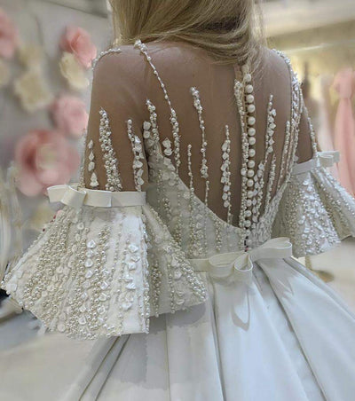 Wedding Dress With Beads and Flowers-Ball Gown,Classic Elegant Gowns,Royal Wedding Dresses,White