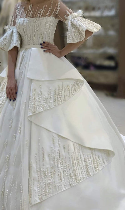 Wedding Dress With Beads and Flowers-Ball Gown,Classic Elegant Gowns,Royal Wedding Dresses,White