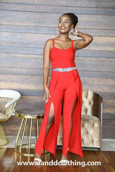 Red Jumpsuit With Front Slits-AFRICAN WEAR FOR WOMEN,Jumpsuits,Women Jumpsuit