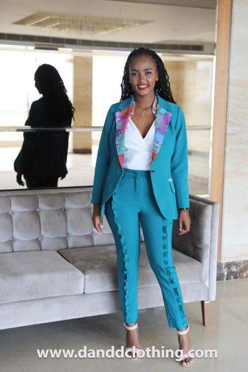 African patched blue trouser Suit-AFRICAN WEAR FOR WOMEN,Blue,Ladies Suits