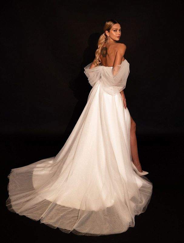 Shiny Off The Shoulder Ivory Wedding Dress | Wedding Gowns M / White / Satin