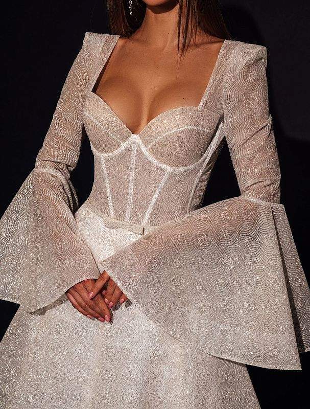 Bell Sleeve Shimmer Wedding Dress-danddclothing-Classic Elegant Gowns,Mermaid,Royal Wedding Dresses,White