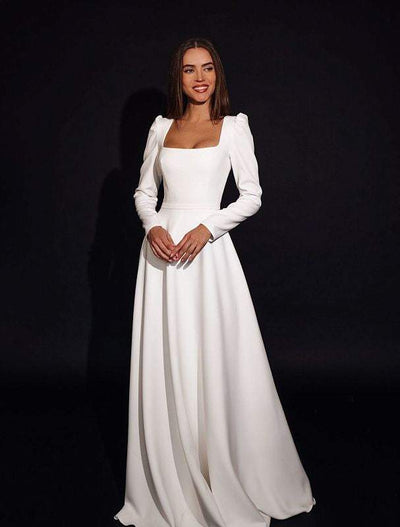 Satin Long Sleeve White Ivory Blush Wedding Dress-danddclothing-Classic Elegant Gowns,Mermaid,Royal Wedding Dresses,White