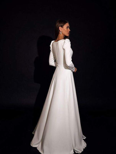 Satin Long Sleeve White Ivory Blush Wedding Dress-danddclothing-Classic Elegant Gowns,Mermaid,Royal Wedding Dresses,White