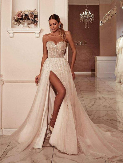 Strapless Sweetheart Neckline Lace Bodice A-line Wedding Dress-danddclothing-Classic Elegant Gowns,Mermaid,Royal Wedding Dresses,White