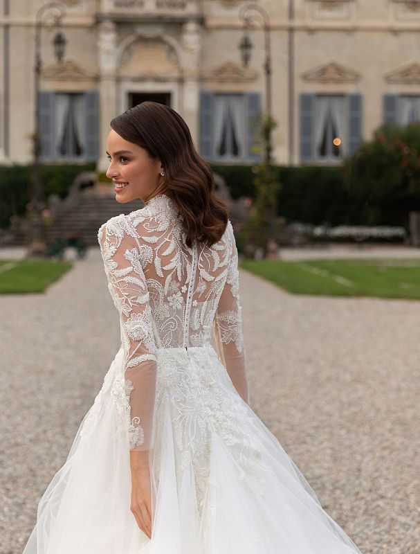 Long Sleeve Floral beaded White Wedding Dress| Wedding Gowns XXL / White / Satin