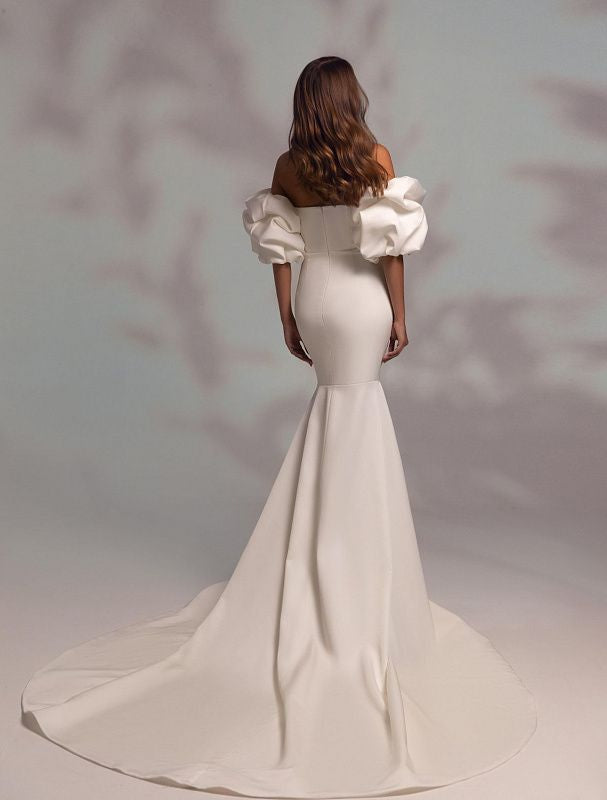 Aesthetic Short Puffy Sleeves White Wedding Dress| Wedding Gowns XXL / White / Satin