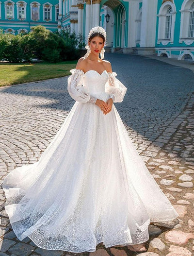 Dramatic Strapless White Wedding Dress