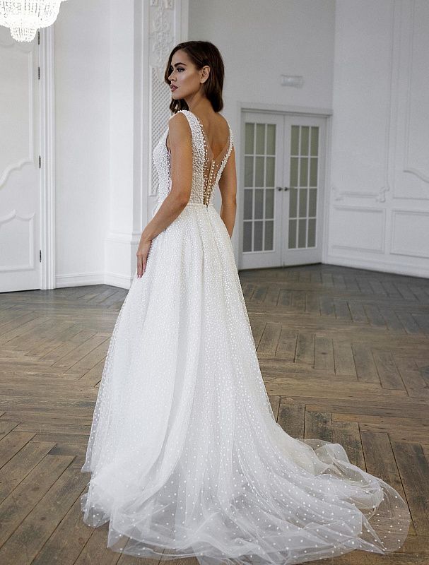 Pearl Beaded Deep V Neck White Wedding Dress| Wedding Gowns XXL / White / Satin