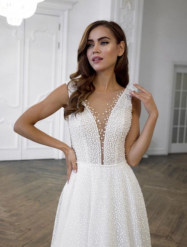 Pearl Beaded Deep V Neck White Wedding Dress| Wedding Gowns XXL / White / Satin Pearl Beaded Deep V Neck White Wedding Dress| Wedding Gowns XXL / White / Satin