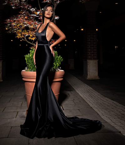 Black Satin Evening Dress-danddclothing-Classic Elegant Gowns,Evening Dresses,Long