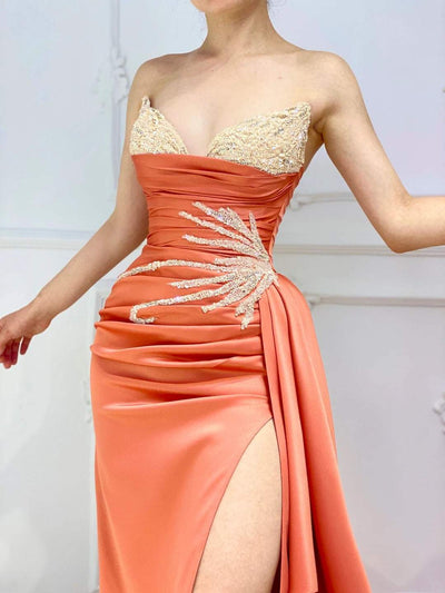 Satin Orange Evening Dress-danddclothing-Classic Elegant Gowns,Evening Dresses,Long