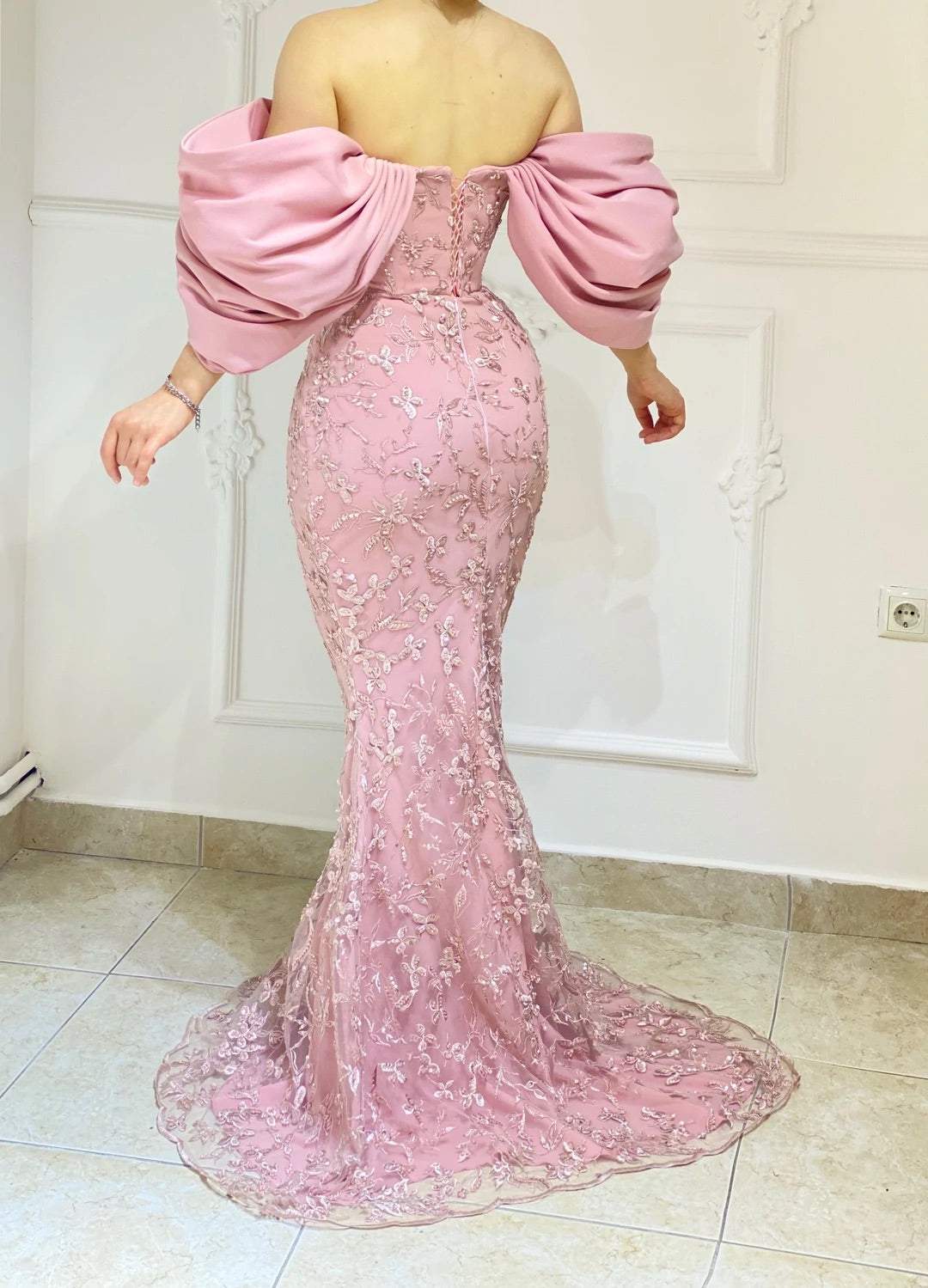Embroidered Long Pink Formal Gowns With Sleeves
