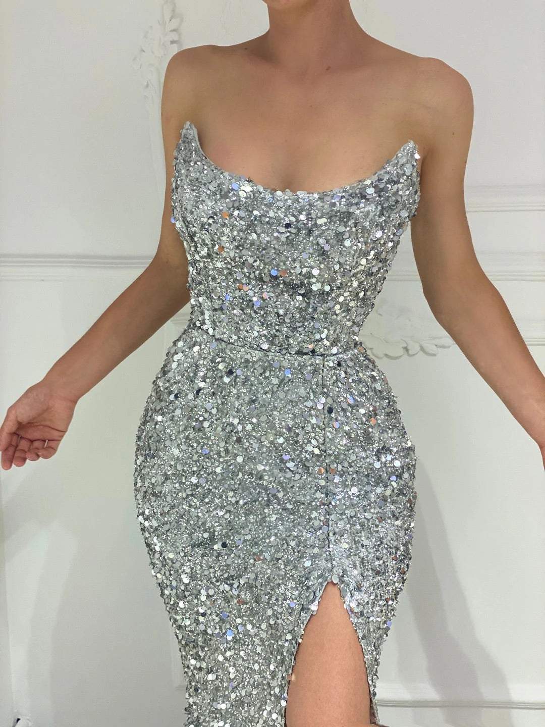 Sparkly Silver Evening Dress| Latest Evening Dresses M / Silver / Lace