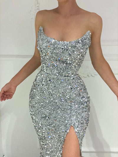 Sparkly Silver Evening Dress-danddclothing-Classic Elegant Gowns,Evening Dresses,Long