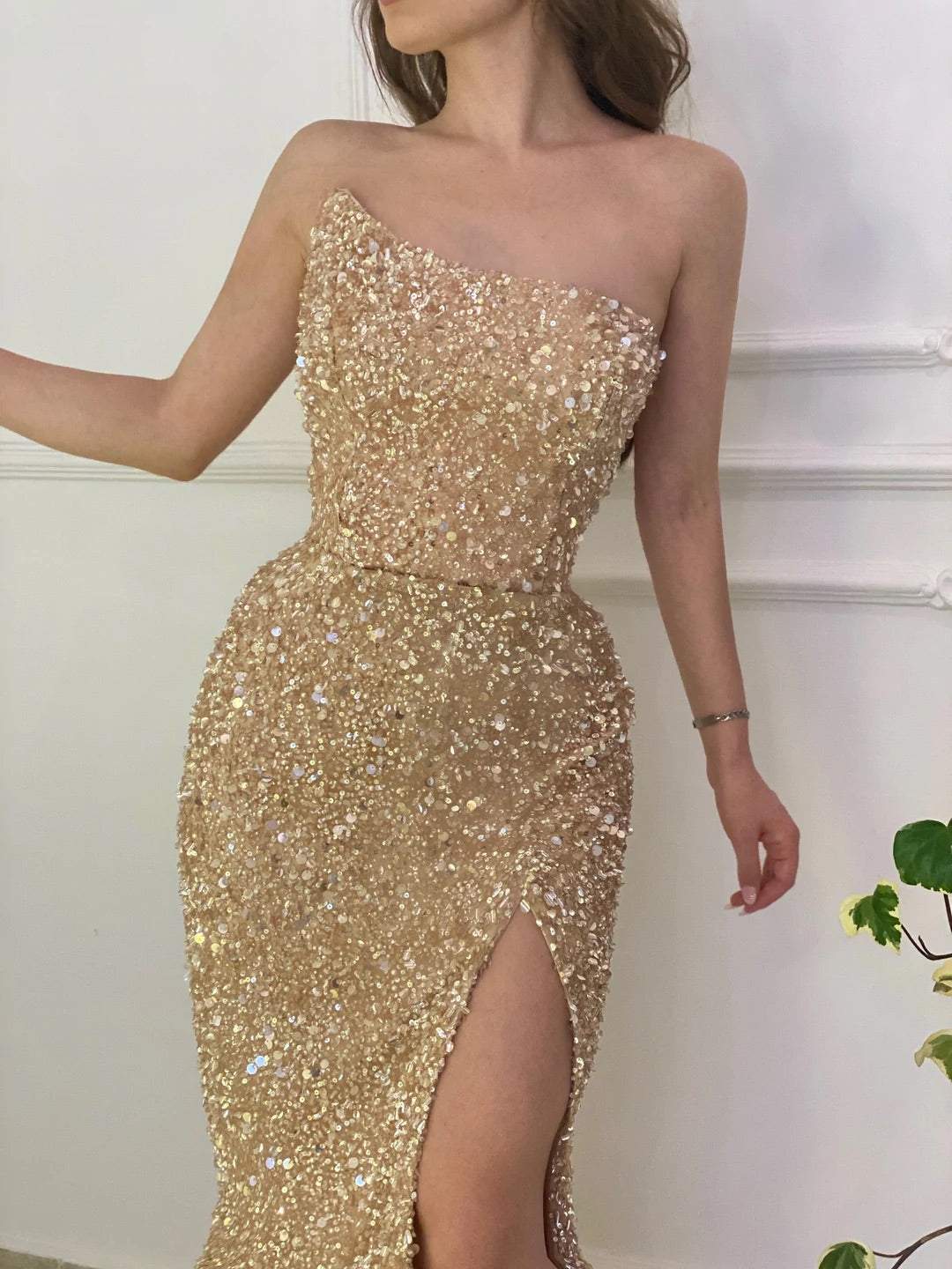 beige formal dresses Beige Evening Dress with Sheer Sleeves